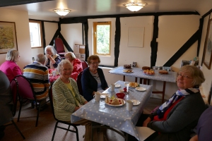 Members of Guilsfield Church eating lunch after visiting Pentre Llifior Methodist Chapel for a talk on it's history and restoration