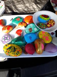 Rocks decorated ready for the Mothering Sunday Family Service